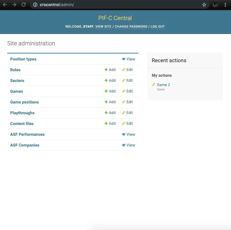 Django admin home — position types, roles, sectors, games, playthroughs, and content files for assembling exercises