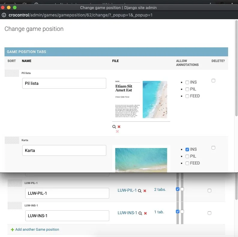 Nested editor — a game position opens an inner editor for its tabs and per-role annotation permissions on pre-uploaded PDFs