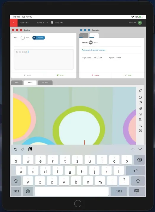 iPad in exercise — message composer alongside a map-annotation canvas with draw / erase / zoom tools