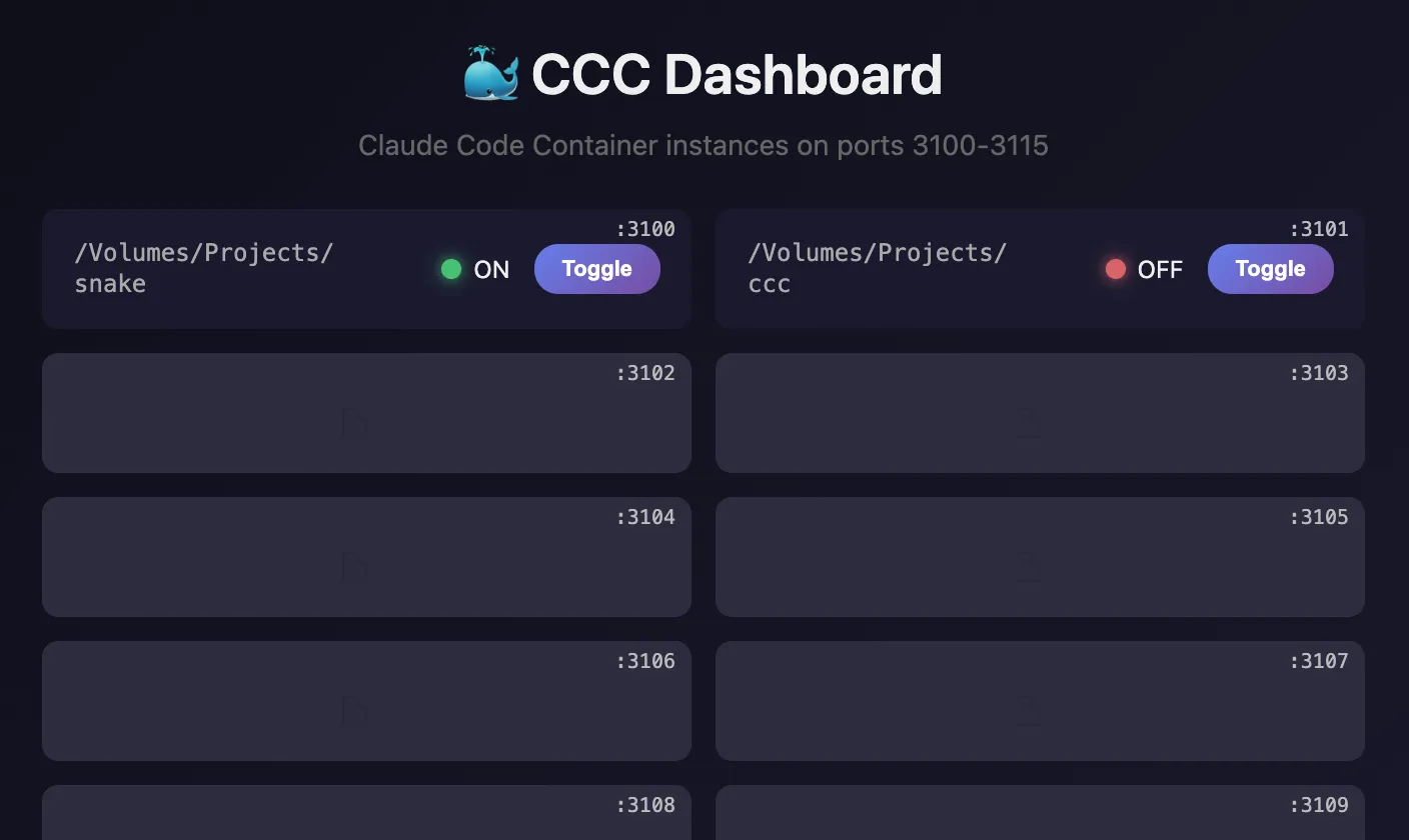 CCC Dashboard — per-port container grid with auto-approve toggles