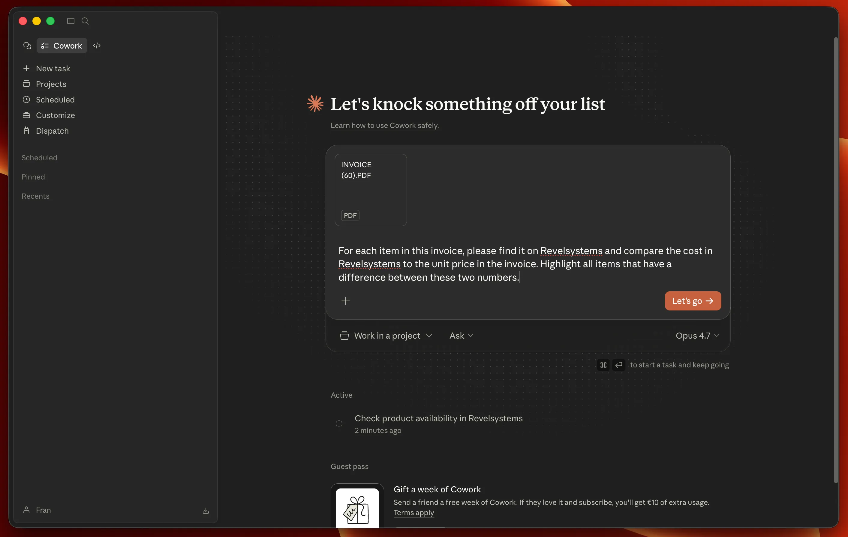 Example prompt to the agent
