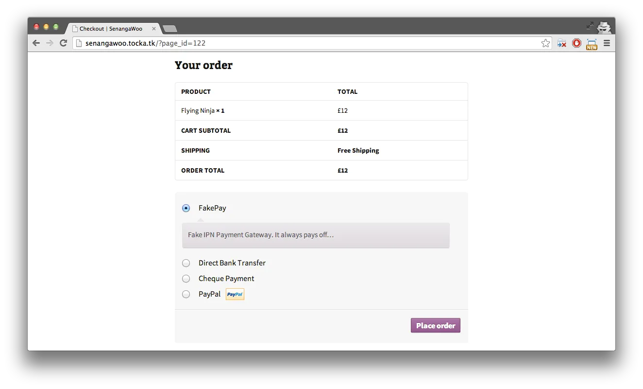 Checkout with WooFakePay selected