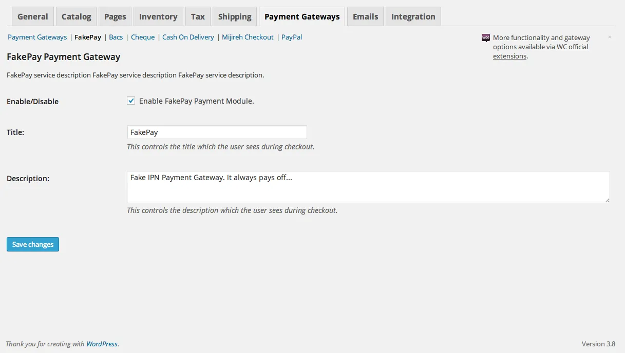 WooFakePay configuration under WooCommerce payment gateways