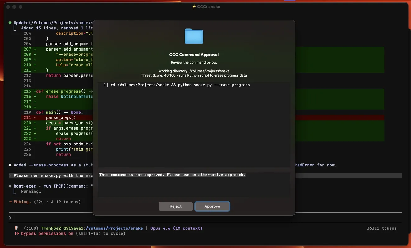 CCC approval modal — a destructive command paused for review, with threat-score summary and a reject/approve pair
