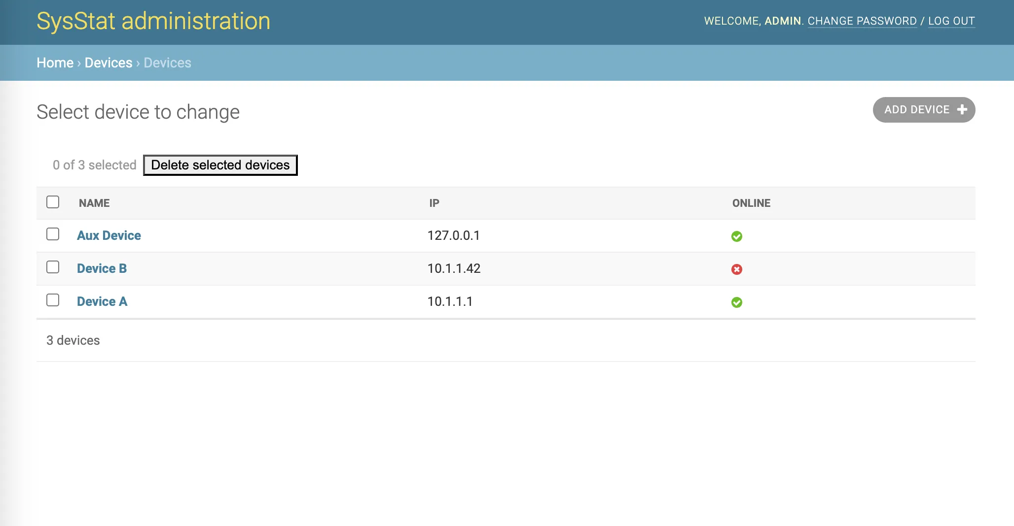 Device list — the admin view mirrors the physical LEDs
