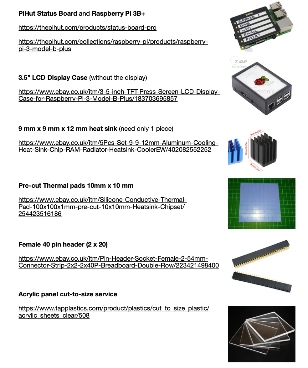 Final bill of materials — off-the-shelf parts that fit together for easy assembly