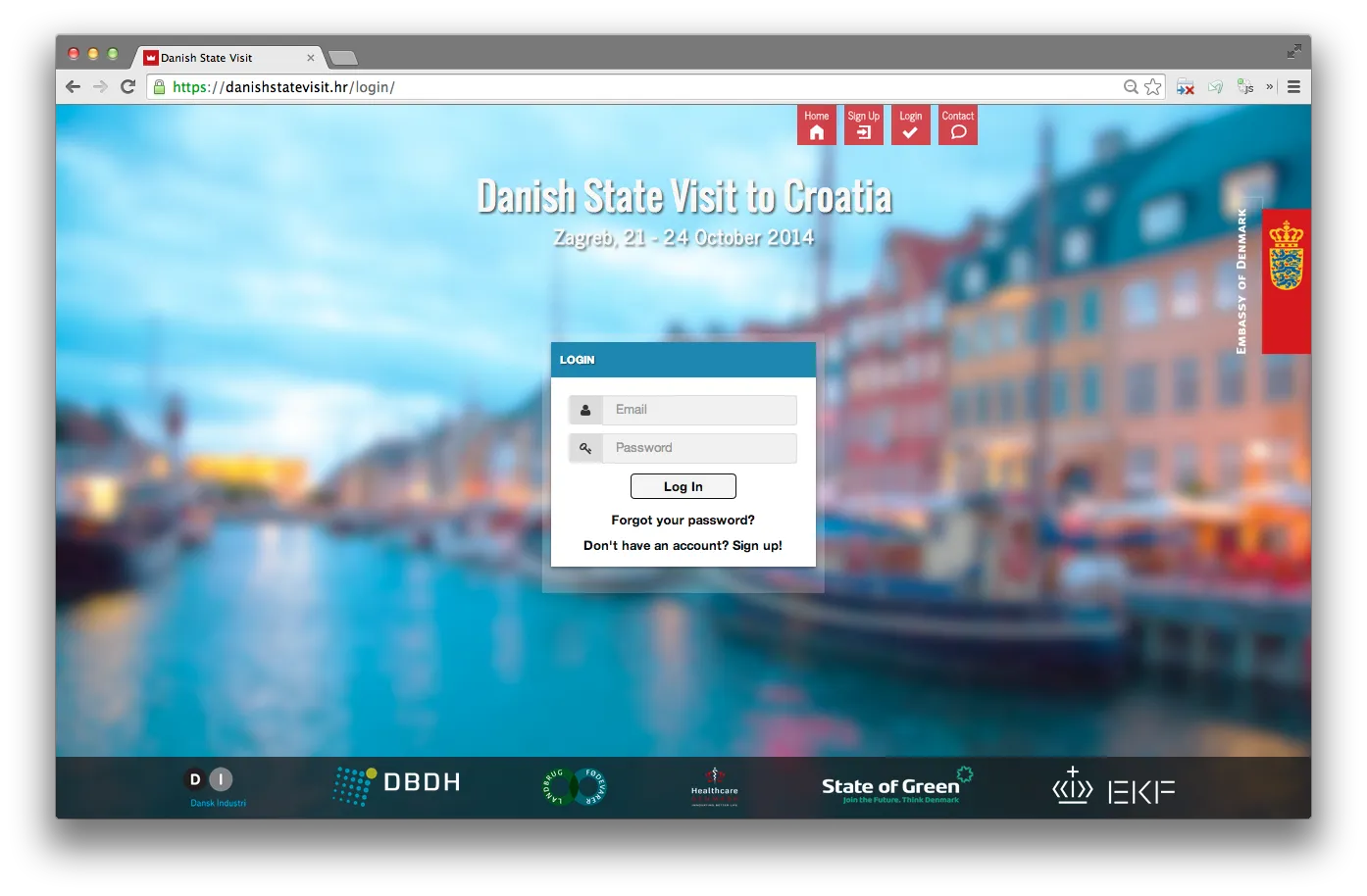 Login — Danish State Visit to Croatia, branded against a Copenhagen waterfront, with the partnership bar (DBDH · State of Green · EKF · Embassy of Denmark) along the bottom