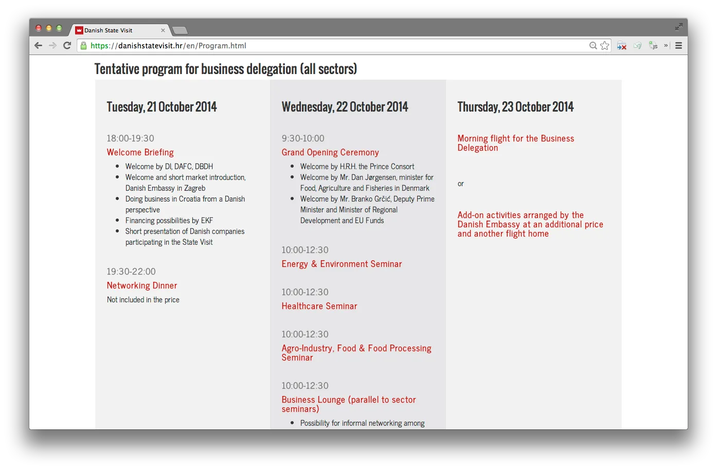 Tentative programme — a multi-day schedule of welcome briefings, grand opening, sector seminars, and business lounges, rendered from admin-editable entries