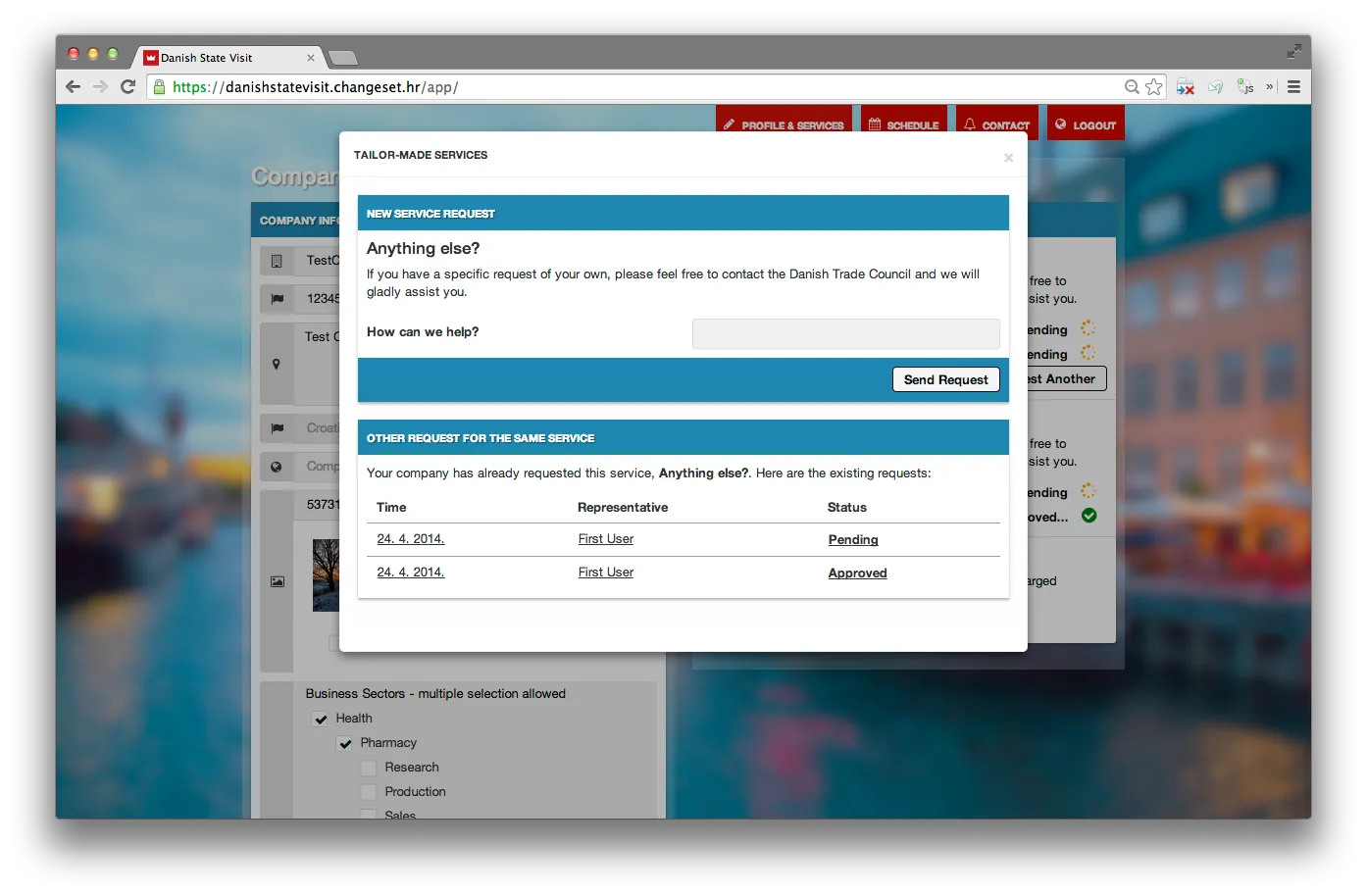 Service request form — company requests a tailor-made service from the Danish Trade Council with a free-form question alongside their existing service history
