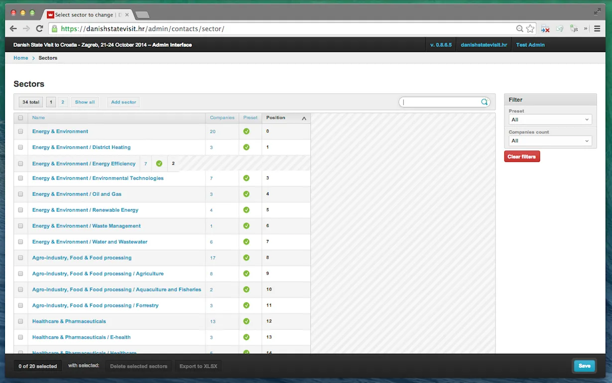 Sectors — drag-and-drop reordered hierarchy; indentation reflects depth, and an unsaved-changes prompt prevents accidental navigation