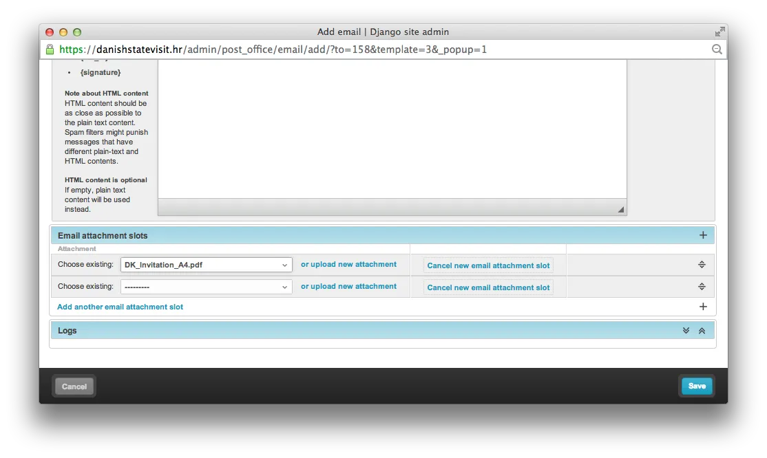Email composer — attachment slots let operators pick from reusable files (e.g. DK_Invitation_A4.pdf) or upload a new one, alongside a log of prior sends