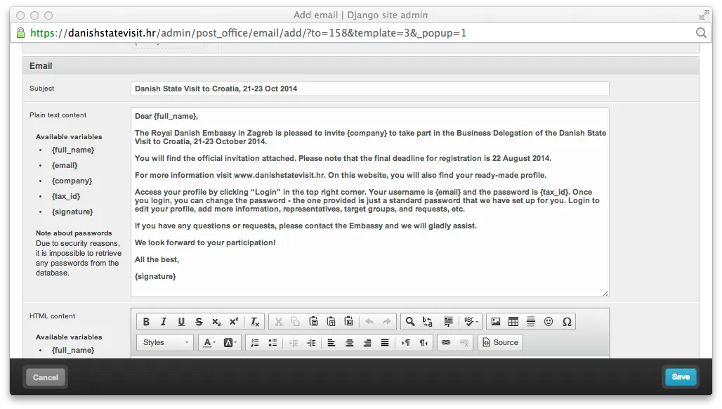Email template editor — plain-text body with available substitution variables listed alongside, and a matching HTML variant below
