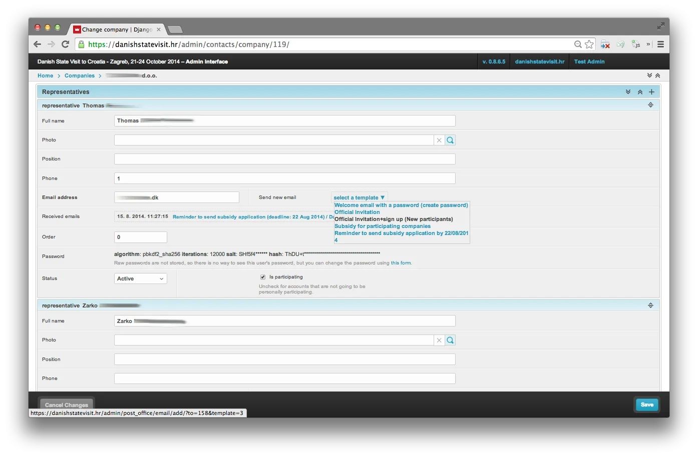 Representative detail — a "Send new email" dropdown lists all available templates and jumps straight into composing one pre-addressed to this representative