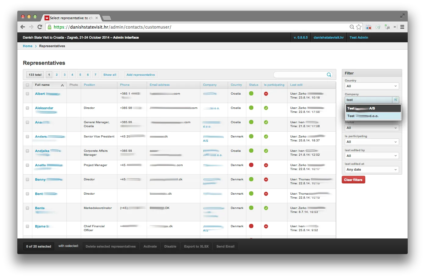 Representatives list — per-country columns, status and is-participating indicators, autocomplete filters on the right, XLSX export and bulk Send Email actions in the footer