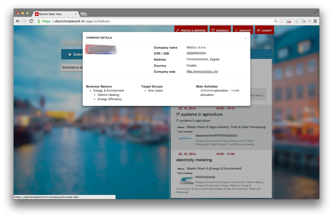 Company details popup — same content as a standalone page, opened over the schedule view via the progressive-enhancement JS layer