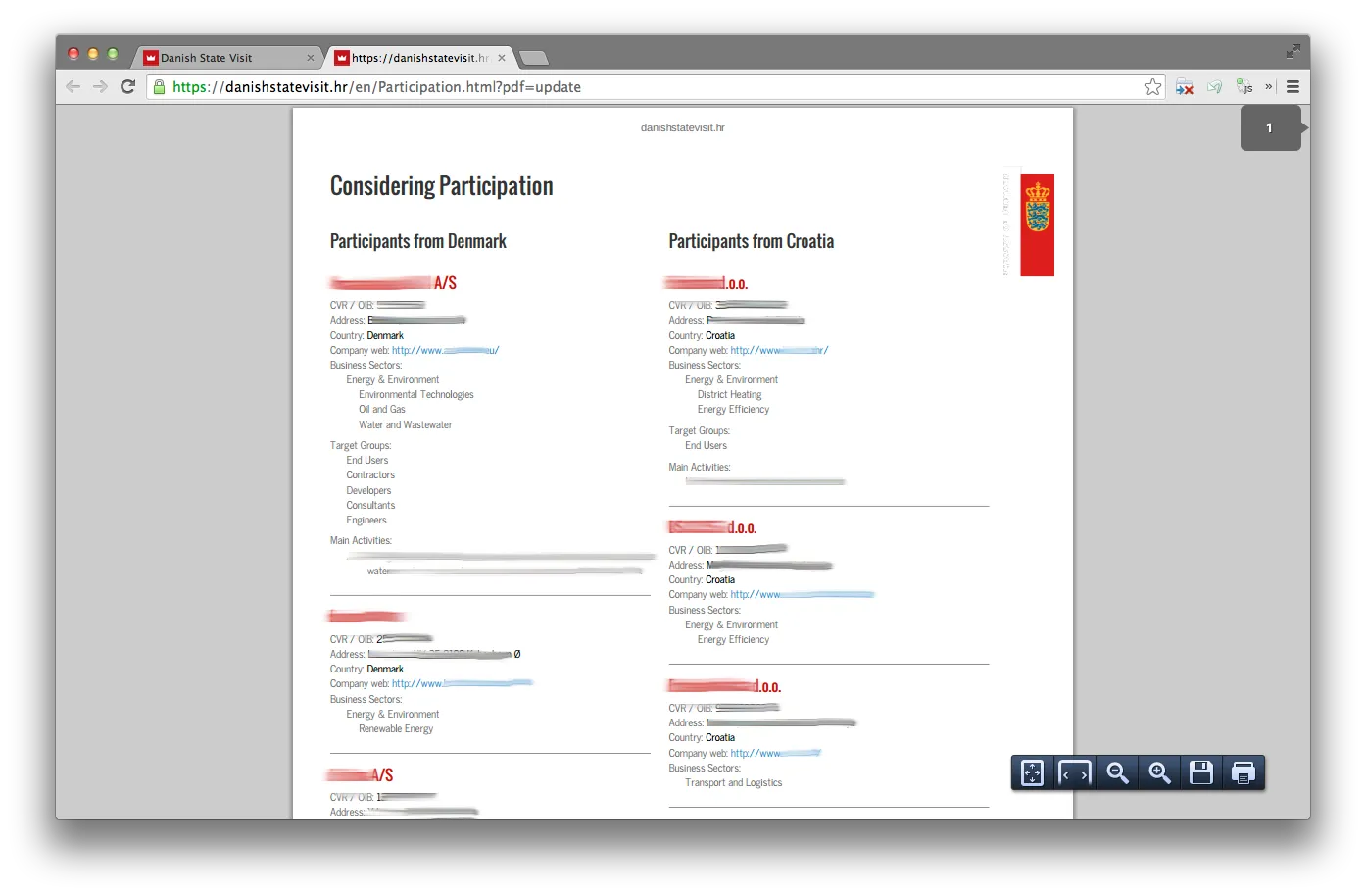 Branded PDF — "Considering Participation" participant list split by country, generated on the fly from live data and styled to match the event brand