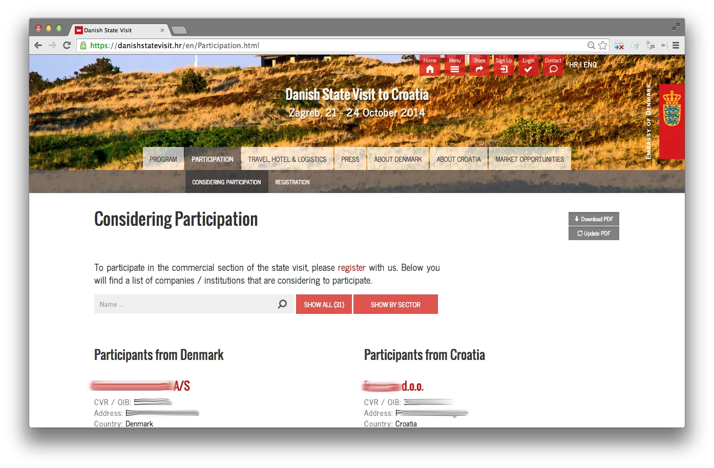 Public participation list — companies split by country (Denmark / Croatia), each with sectors, target groups, and main activities