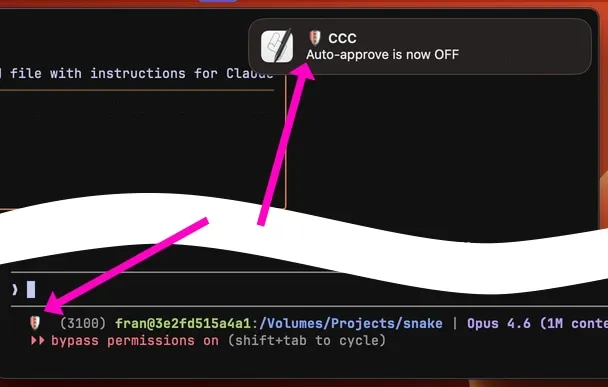 Auto-approve OFF — macOS notification plus the CLI indicator in the shell prompt