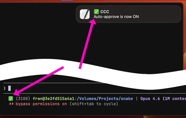 Auto-approve ON — same notification surface and prompt indicator, now green