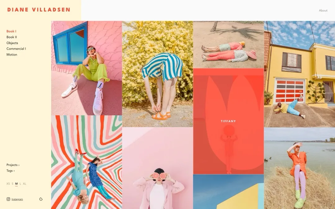 Home grid · hover overlay tinted from the image's colour category