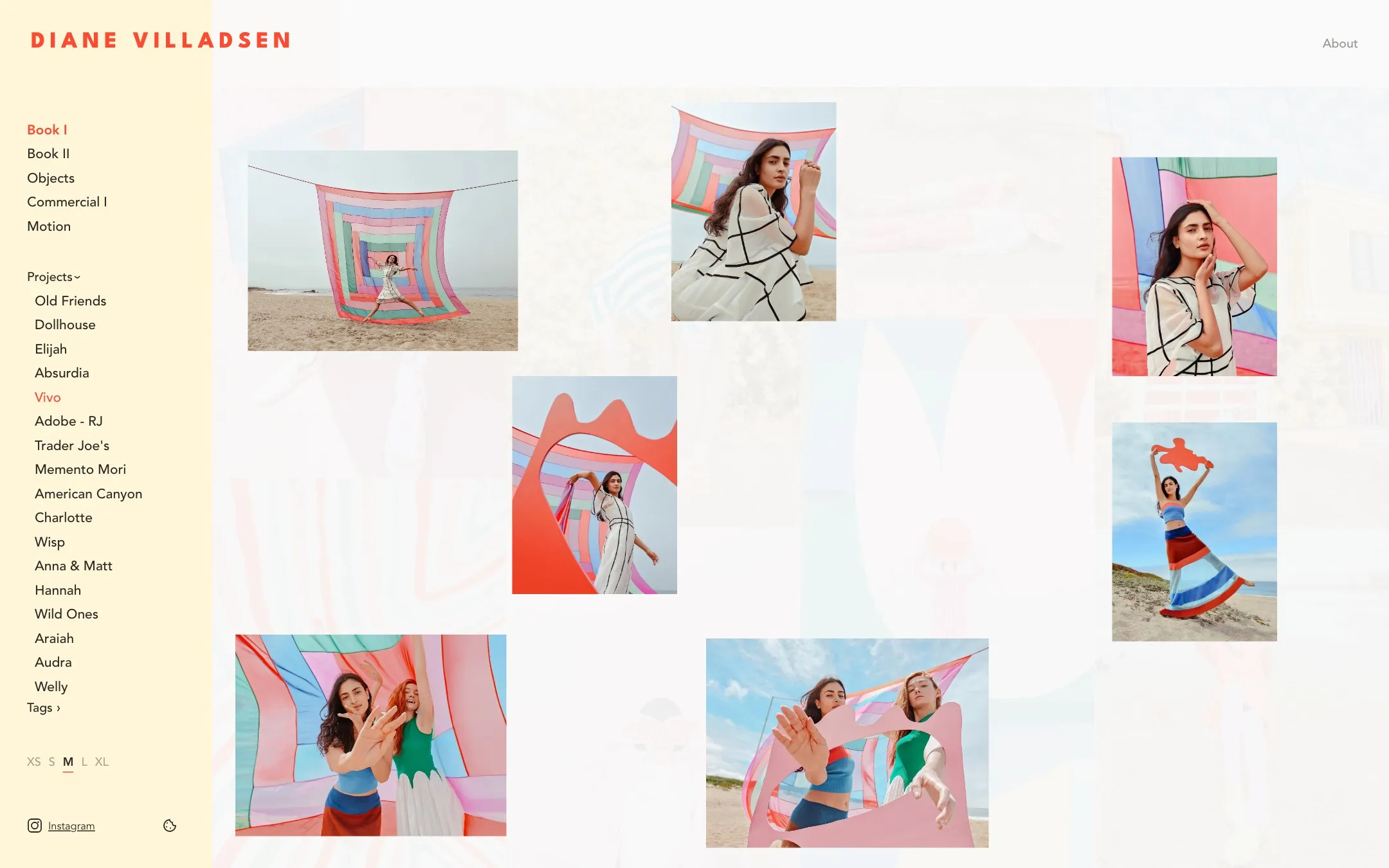 Hover preview · a project's photos over the faded grid