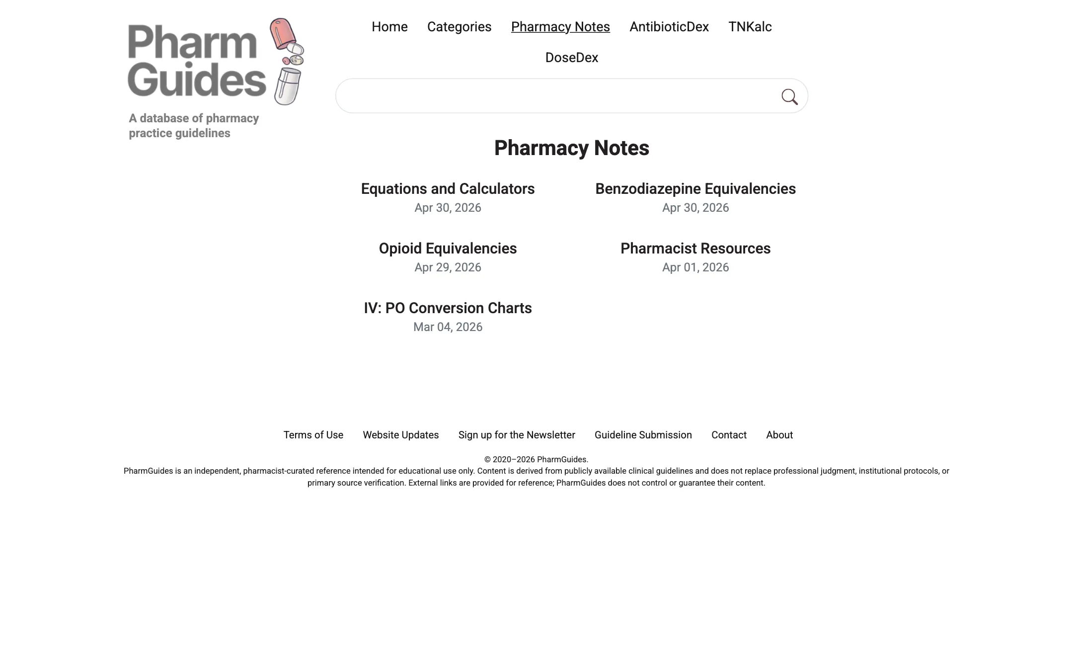 Pharmacy Notes · a subpage listing block in grid layout