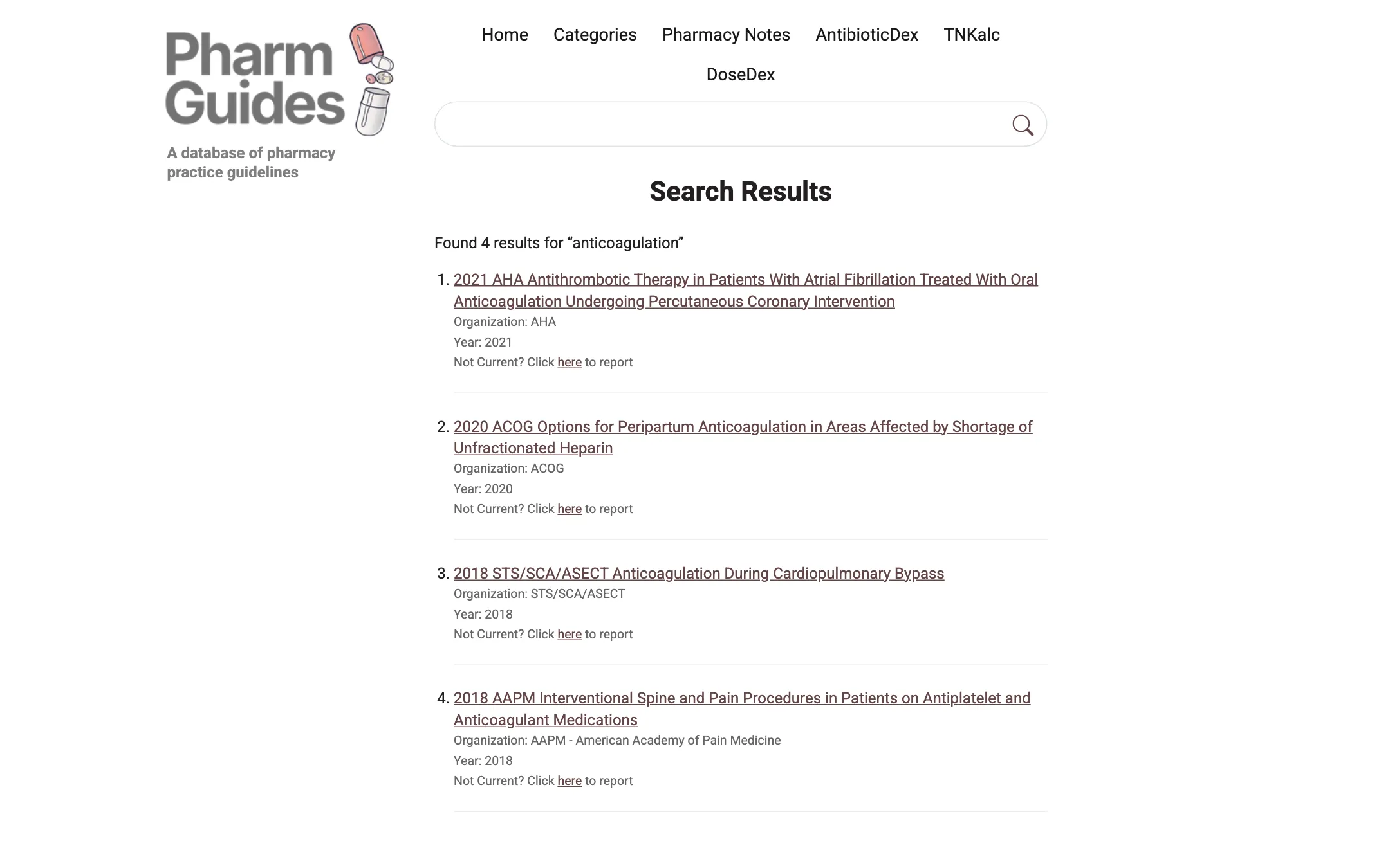 Guideline search results with "Not current?" report links