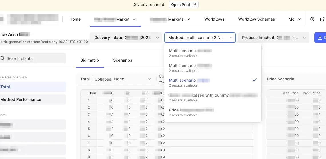 Operator UI — bid-matrix table view with the multi-scenario method selector open