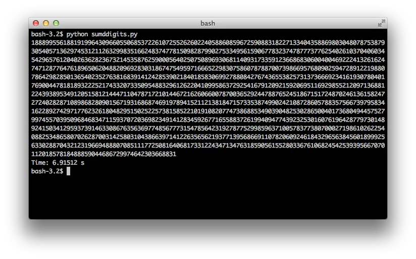 Terminal output showing the timing for a 1300-ish-digit N completing in under 7 seconds
