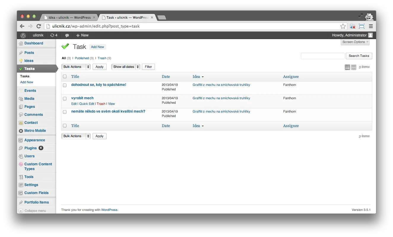 Admin: Tasks custom-post-type list